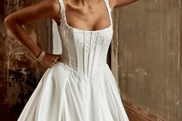 A woman in a basque waists white wedding dress stands confidently, hands on hips, against a rustic, textured wall. The scene conveys elegance and poise.